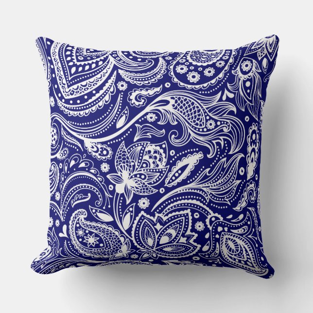 Coussin Royal Blue & White Vintage Floral Paisley (Recto)