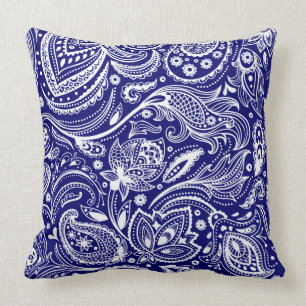 Coussin Royal Blue & White Vintage Floral Paisley