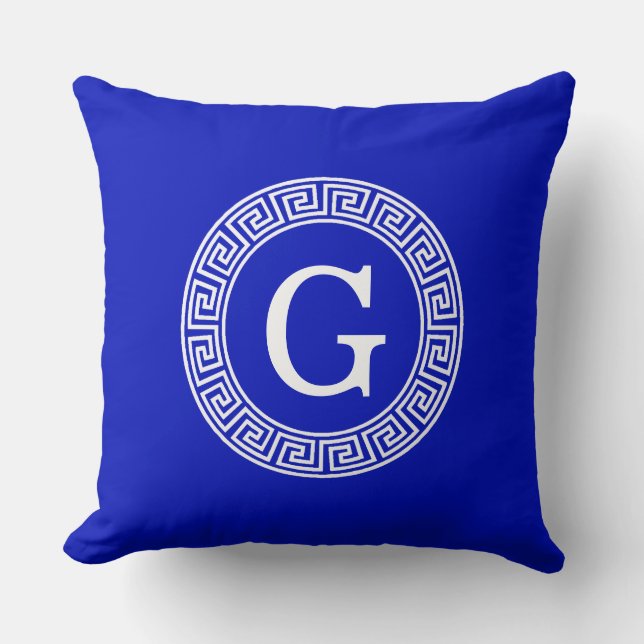 Coussin Royal Blue Wt Grèce clé cadre de ligne initiale Mo (Recto)