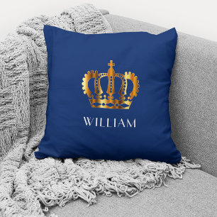 Coussin Royal Gold Couronne Nom personnalisé Bleu