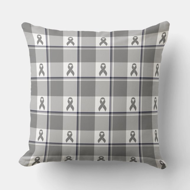 Coussin Ruban à carreaux gris de sensibilisation au cancer (Recto)