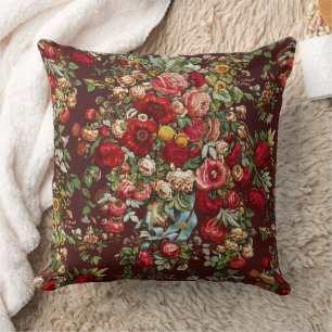 Coussin Ruban à motif floral de rose victorienne bordeaux 