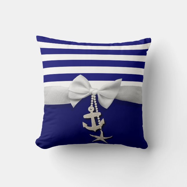 Coussin Ruban blanc nautique et charmes de rayure bleue (Recto)