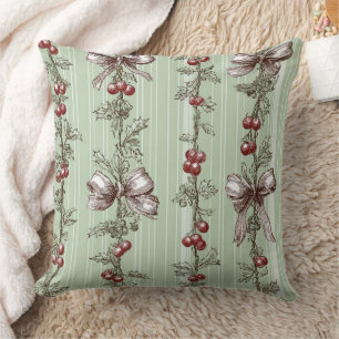 Coussin Ruban de houx de couleur sauge vintage pour Noël