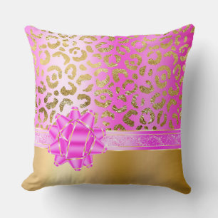 Coussin Ruban Girl Gold Pink Leopard & Fuchsia Gold Bow