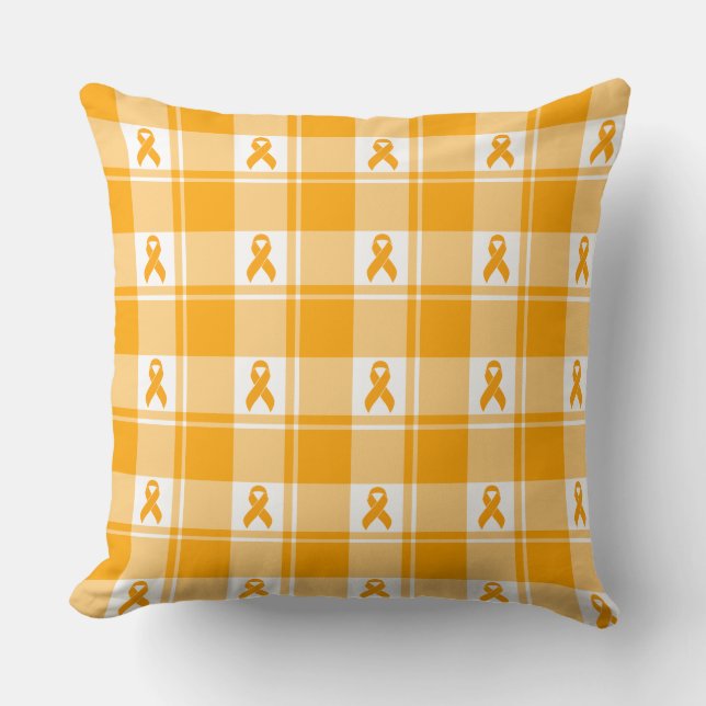 Coussin Ruban orange à carreaux de sensibilisation au canc (Recto)