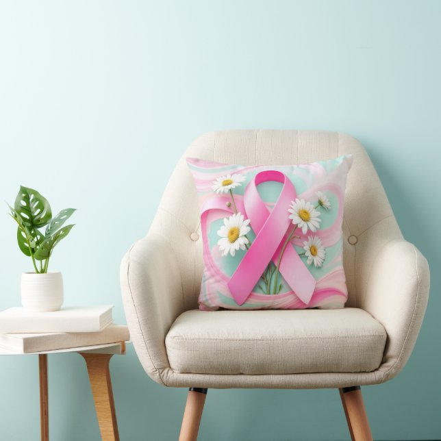 Coussin Ruban rose et marguerites Sensibilisation au cance (Chaise)