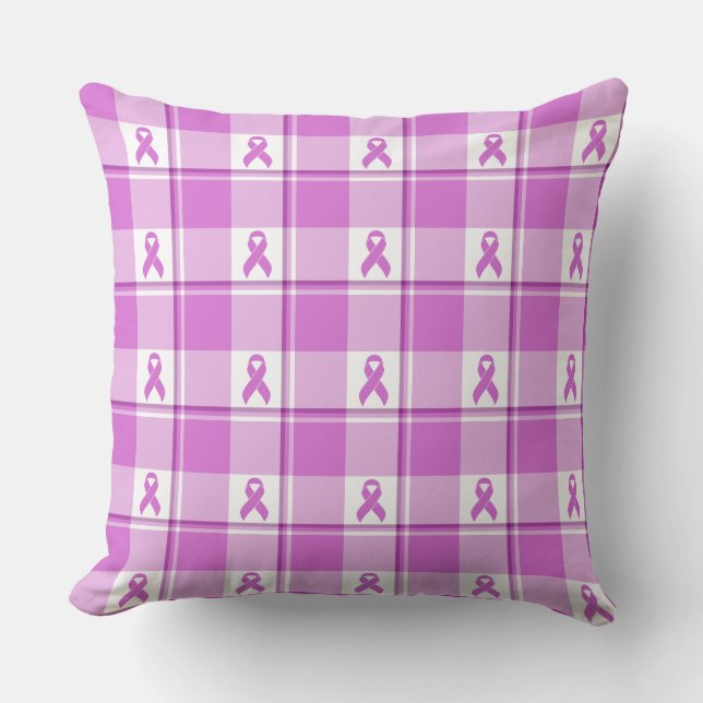 Coussin Ruban Violet à Carreaux de Sensibilisation au Canc (Recto)