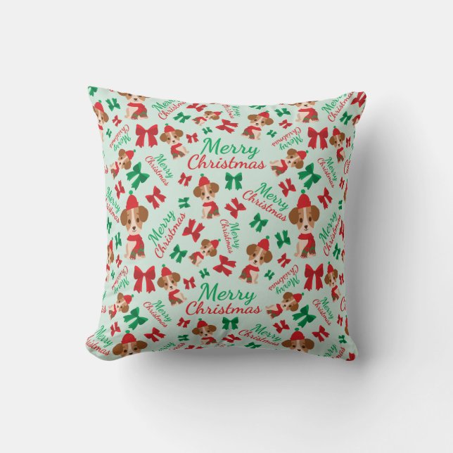 Coussin Rubans Festifs Chiens mignons Noël Vert clair (Recto)