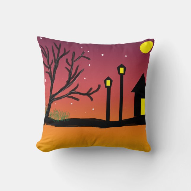 Coussin Rue Sunset d'hiver avec neige et silhouettes (Recto)