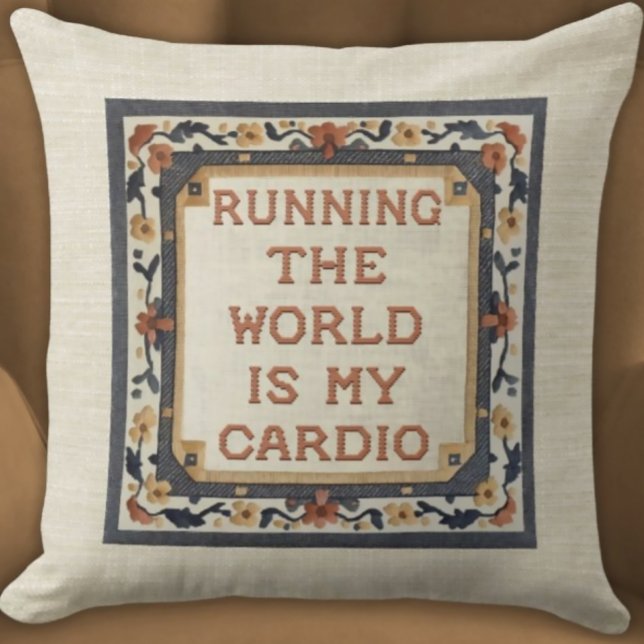 Coussin Running World Is My Cardio Faux Stitch Fitness (Witty Funny Fitness Gift Pillow
Faux Needlepoint Running The World is My Cardio)