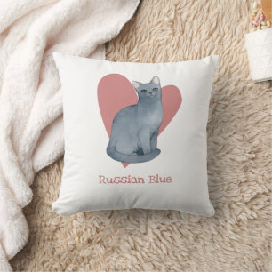 Coussin Russe Bleu Chat Aquarelle Kitty Coeur rose