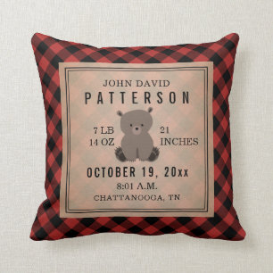 Coussin Russe Buffalo Plaid Bear Baby Boy Stats de naissan