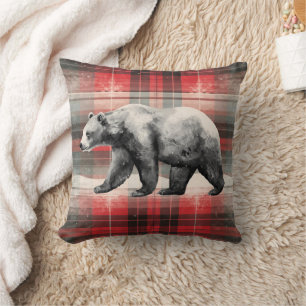 Coussin Russe Cabine Lodge Bear sur Red Plaid