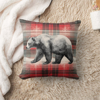 Coussin Russe Cabine Lodge Bear sur Red Plaid