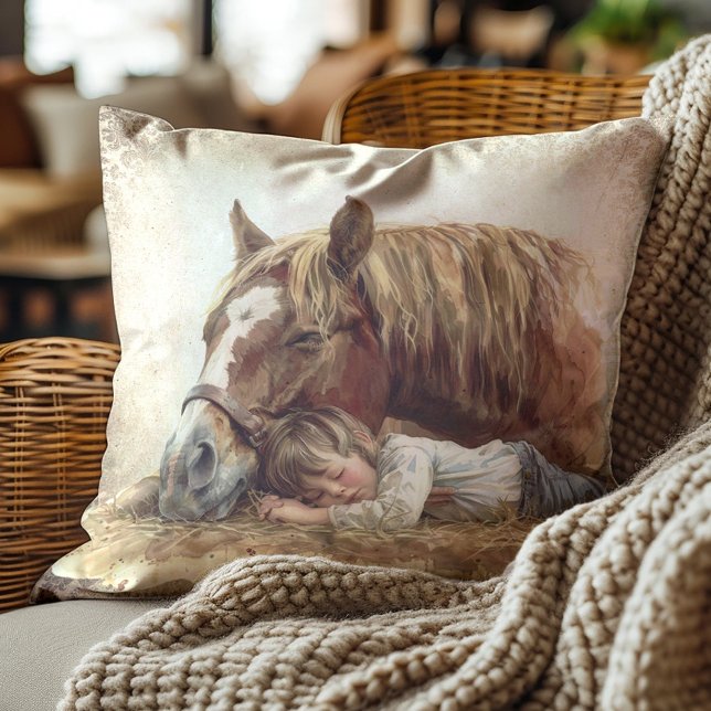Coussin Russe Cheval Dormir Enfant ferme de campagne (Sleeping horse and child pillow)