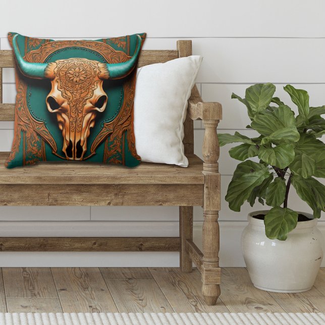 Coussin Russe Cowboy Turquoise Orange Sud-Ouest Taureau (Southwestern bull skull teal orange western country pillow)