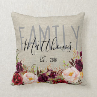 Coussin Russe Linen Bourgogne Nom de famille Floral Gardie