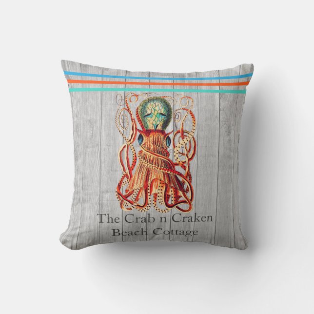 Coussin Russe Nautique Octopus Coral Turquoise Bleu Gris b (Recto)
