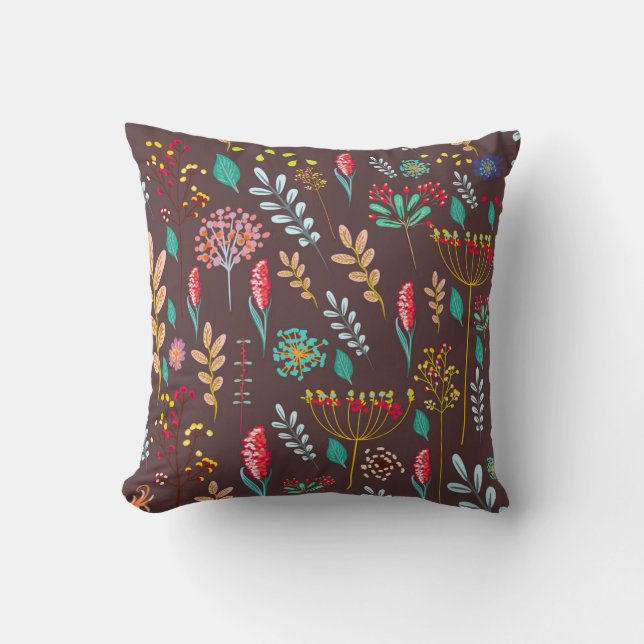 Coussin Rustic Autumn Wildflower Meadow on Chocolate Brown (Recto)