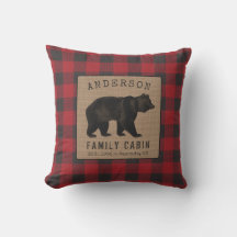 Rustic Bear Family Cabine Red Buffalo Plaid Burlap