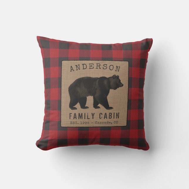 Coussin Rustic Bear Family Cabine Red Buffalo Plaid Burlap (Recto)