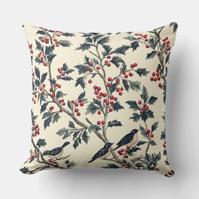 Coussin Rustic Bird et Poinsettia Motif de Noël (18) (Recto)