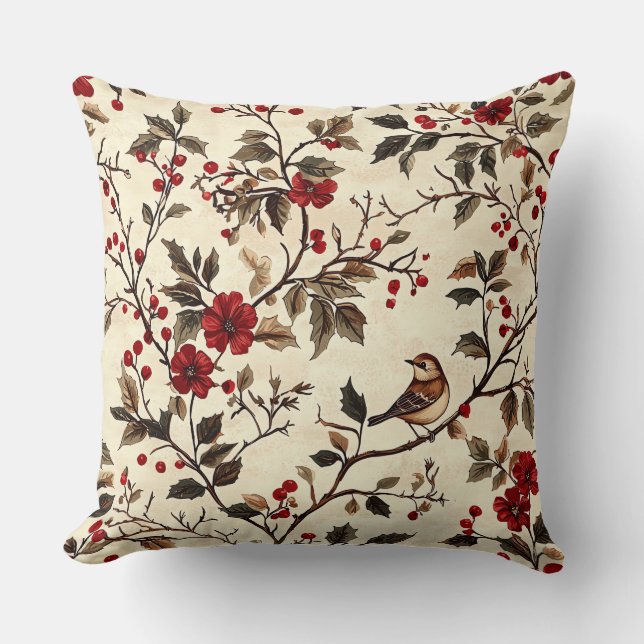Coussin Rustic Bird et Poinsettia Motif de Noël (22) (Recto)
