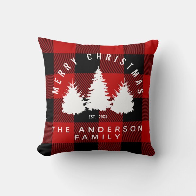 Coussin Rustic Buffalo Plaid Joyeux Noël Nom de famille (Recto)
