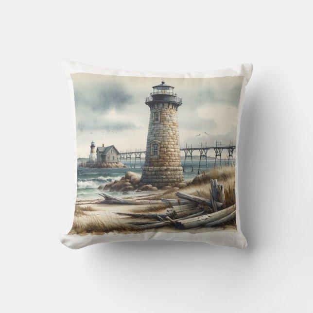 Coussin Rustic Coastal Lighthouse Plage balnéaire (Recto)