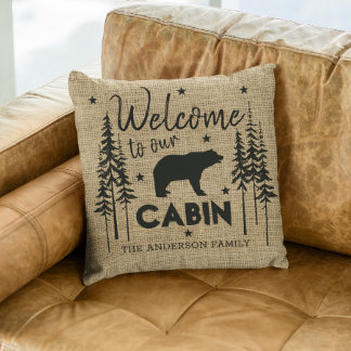 Coussin Rustic Cosy Bienvenue à notre Cabine Nom de famill