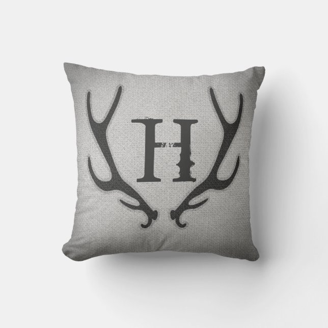 Coussin Rustic Deer Antlers Grey Faux Burlap Texture (Recto)