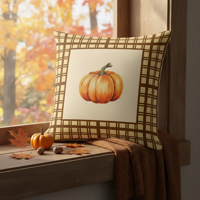 Coussin Rustic Ferme Citrouille Cottage Brown Accent d'aut (Cozy pumpkin pillow for autumn vibes.)