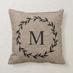 Coussin Rustic Laurel Wreath Farmhouse Style Monogramme T