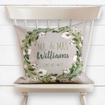 Coussin Rustic Linen Wreath Mr & Mrs Mariage Keepsaké<br><div class="desc">Un mariage personnalisé. Ce coussin de design de lin numérique rustique et tendance est doté d'un arrière - plan de texture de lin beige naturel avec une belle aquarelle verte et de fil de coton qui encadrent le script à la main à la mode Mr. & Mme Monogram. Le nom...</div>