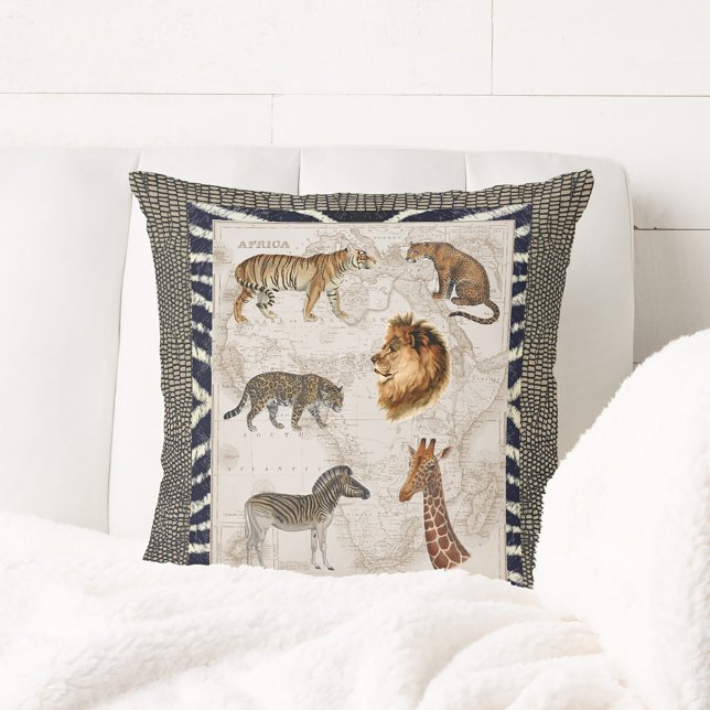 Coussin Rustic Modern Vintage African Lion Tiger Giraffe (Créateur téléchargé)
