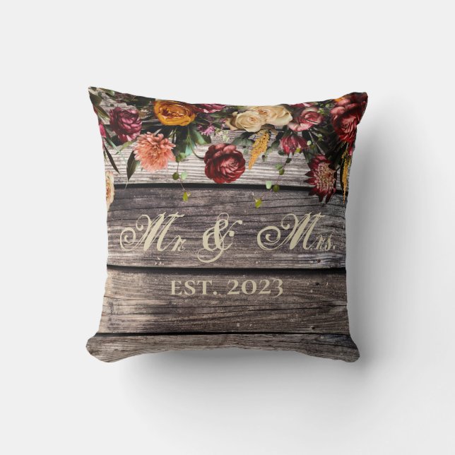 Coussin Rustic Wood Floral Mr & Mrs Mariage Keepsaké (Recto)