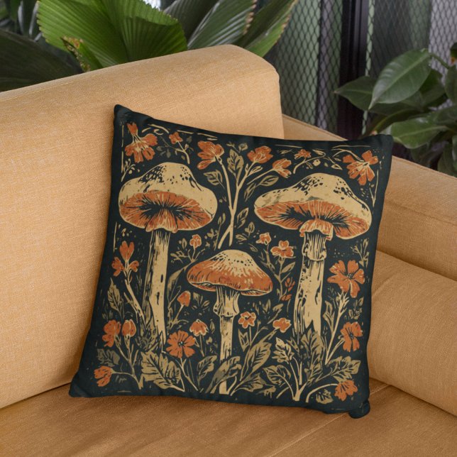 Coussin Rustique Art Nouveau Champignons Floral Botanique (Créateur téléchargé)
