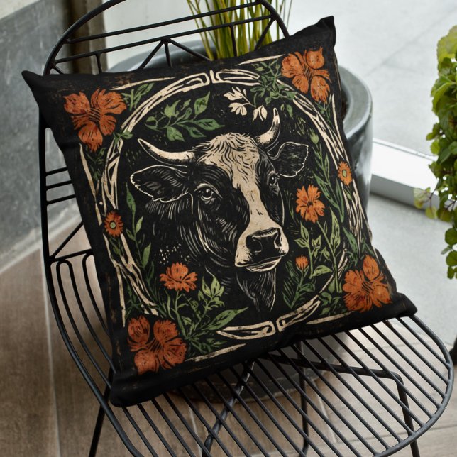 Coussin Rustique Art Nouveau Portrait de vache Accent flor (Créateur téléchargé)