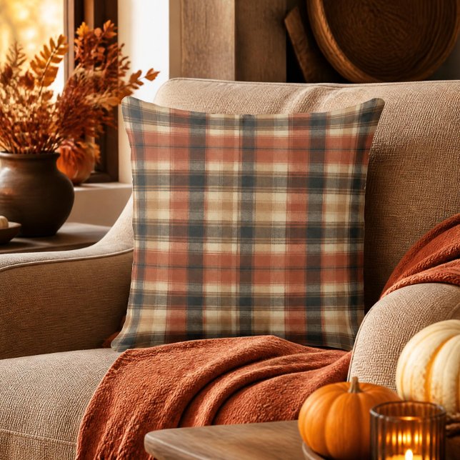 Coussin Rustique automne classique carreauté rouille crème (Créateur téléchargé)