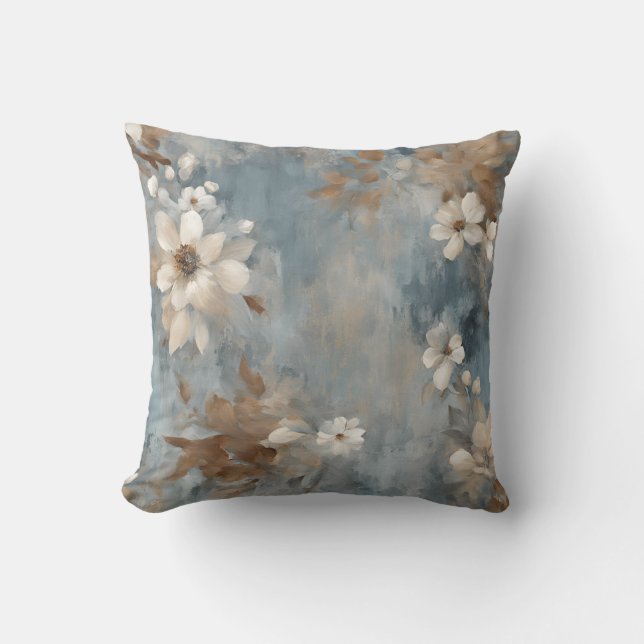 Coussin Rustique Bleu Brun Crème Floral Maison de Campagne (Recto)
