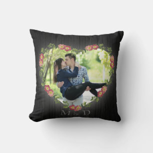 Coussin Rustique Bois Floral Coeur Photo et Initiales