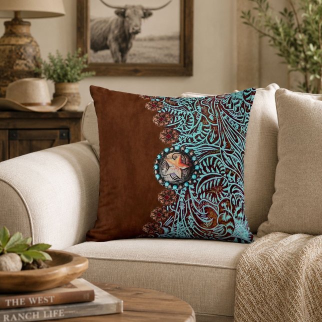 Coussin Rustique brun turquoise de l'ouest motif (Rustic brown turquoise western country pattern throw pillow)