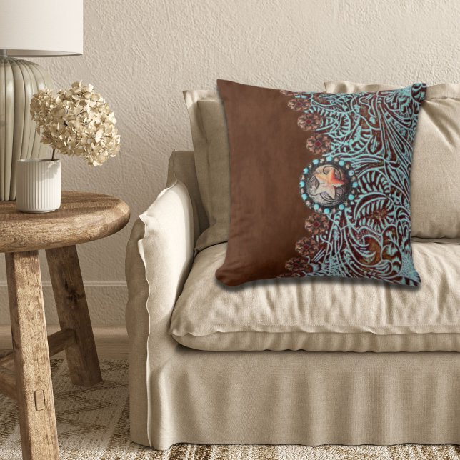 Coussin Rustique brun turquoise de l'ouest motif (Rustic brown turquoise western country pattern throw pillow)