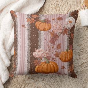 Coussin Rustique Citrouilles d'automne & dentelle fleurie