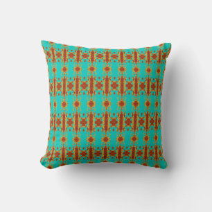 Coussin Rustique Cuivre Rouge Turquoise Vert Motif