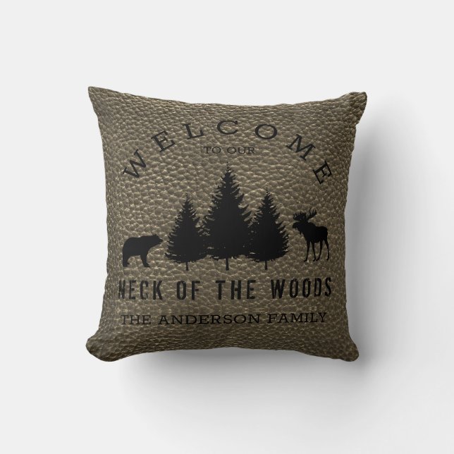 Coussin Rustique Faux Cuir Bienvenue Cabine Woods Famille  (Recto)