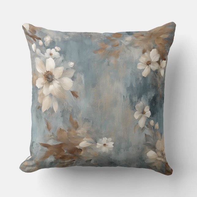 Coussin Rustique Floral Bleu Poussiéreux Marron Crème Mais (Recto)