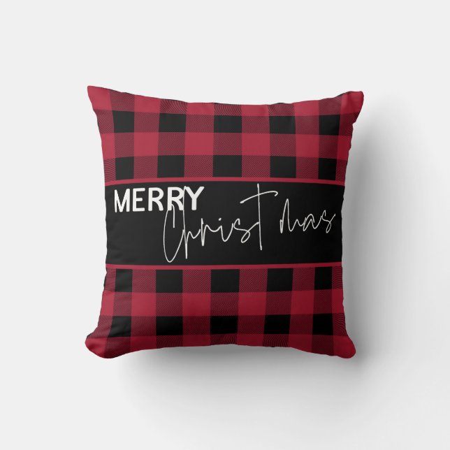 Coussin Rustique Joyeux Noël en Écriture Moderne à Carreau (Recto)