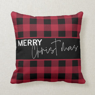 Coussin Rustique Joyeux Noël en Écriture Moderne à Carreau